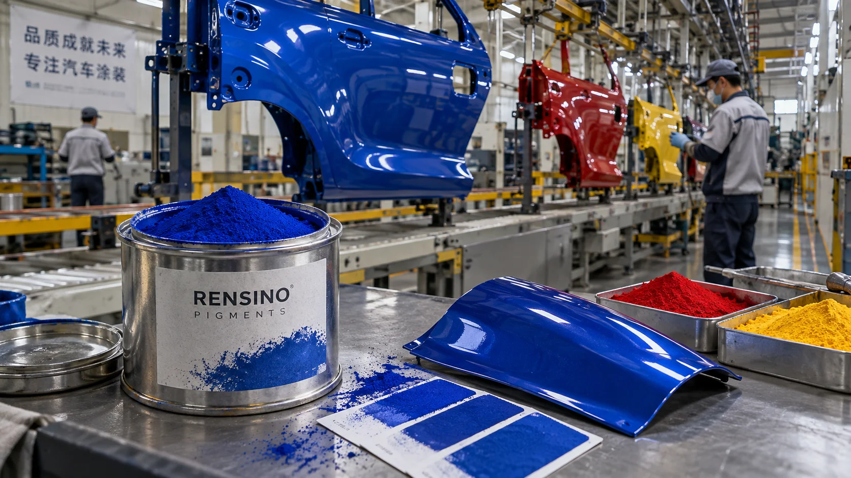 Vivid blue coating and Rensino pigment beside finished automotive components