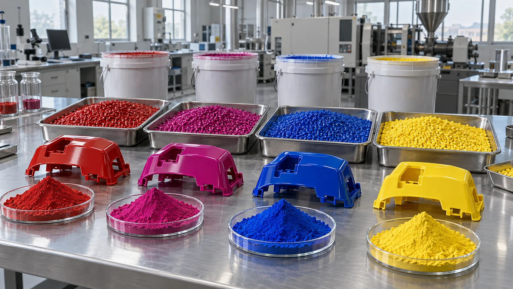 Custom pigment powders, color masterbatch pellets and matching molded components