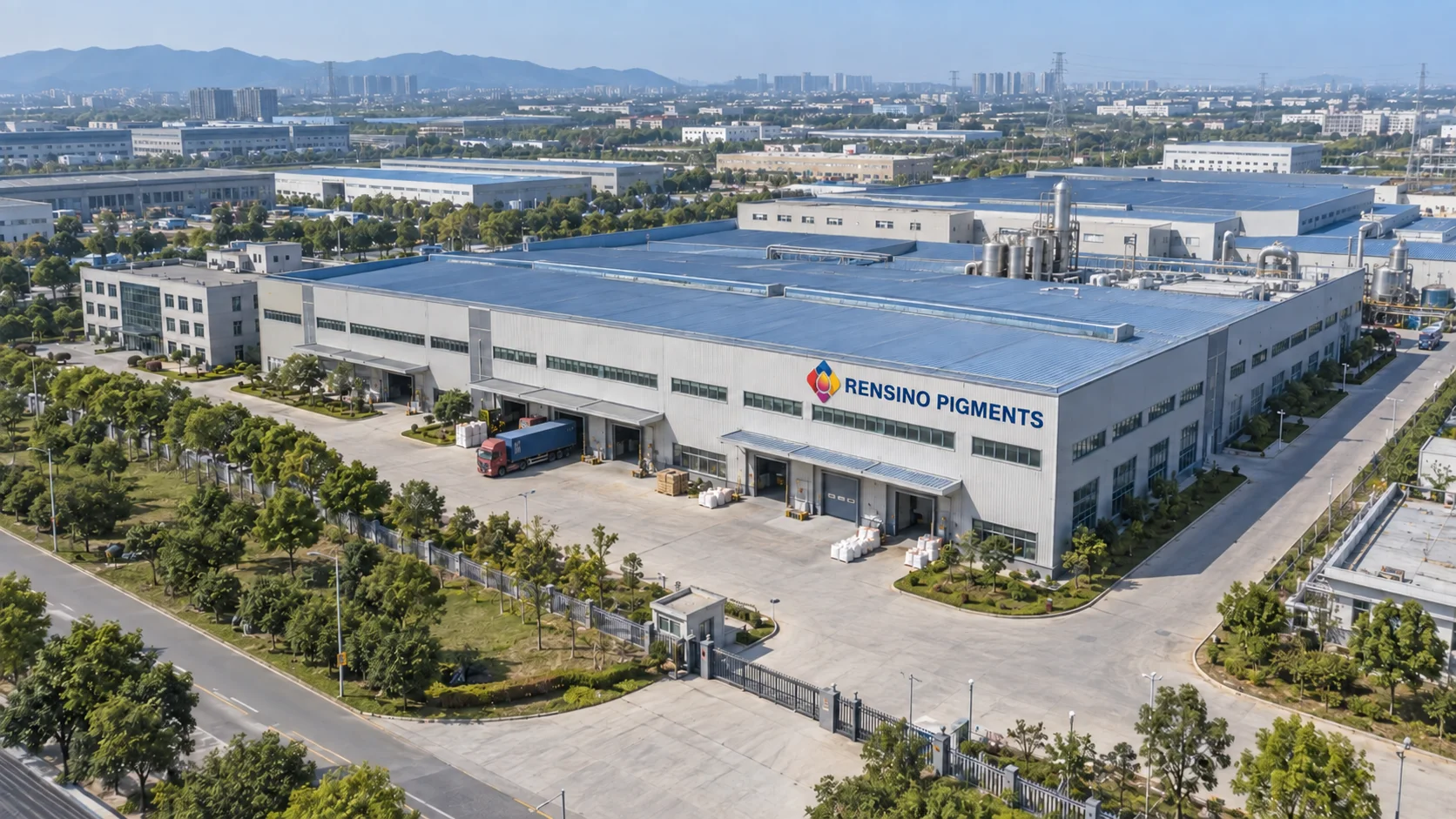 Concept visualization of a Chinese pigment industrial campus with Rensino Pigments signage