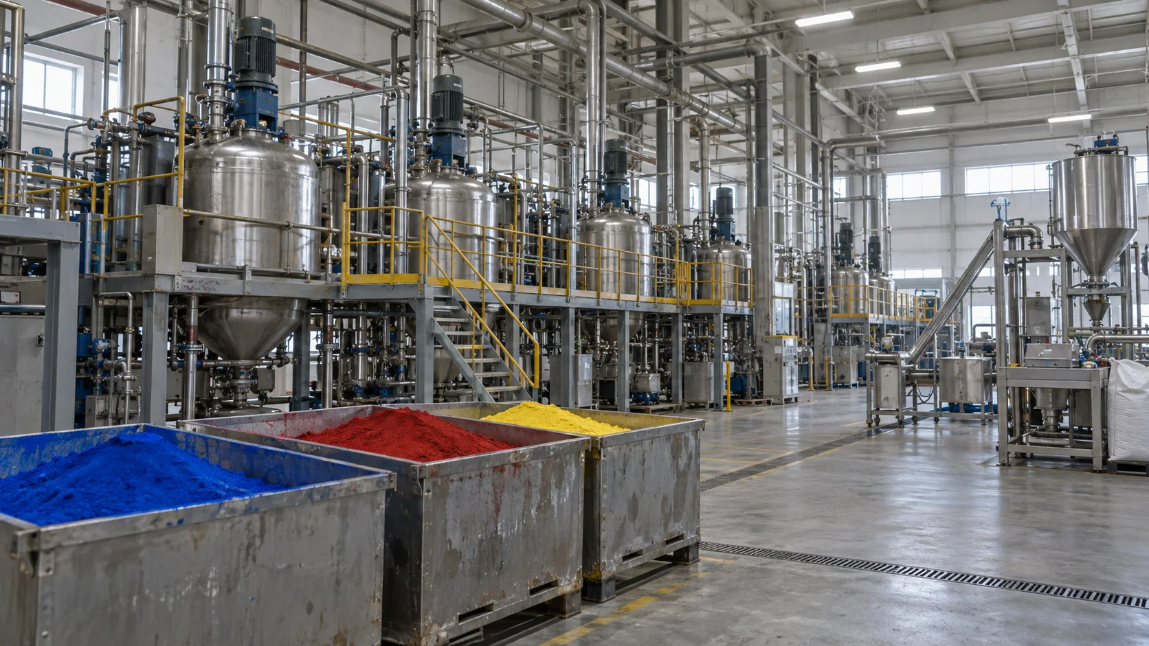 Industrial pigment mixing line with red, yellow and blue powders