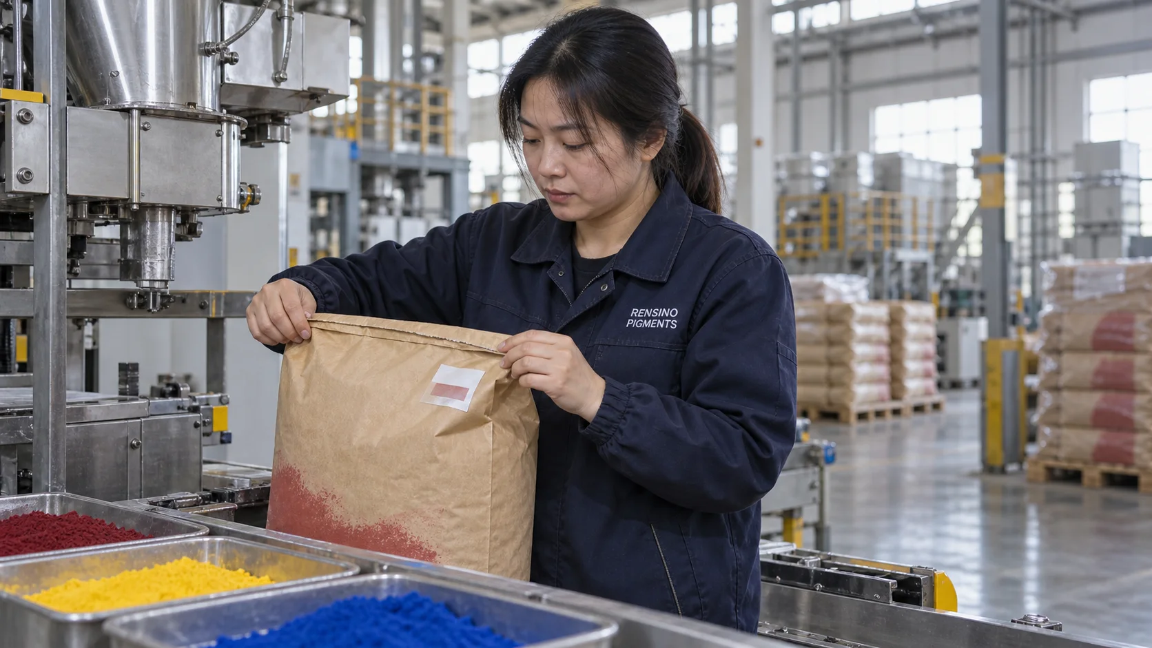 Rensino-uniformed worker inspecting pigment packaging
