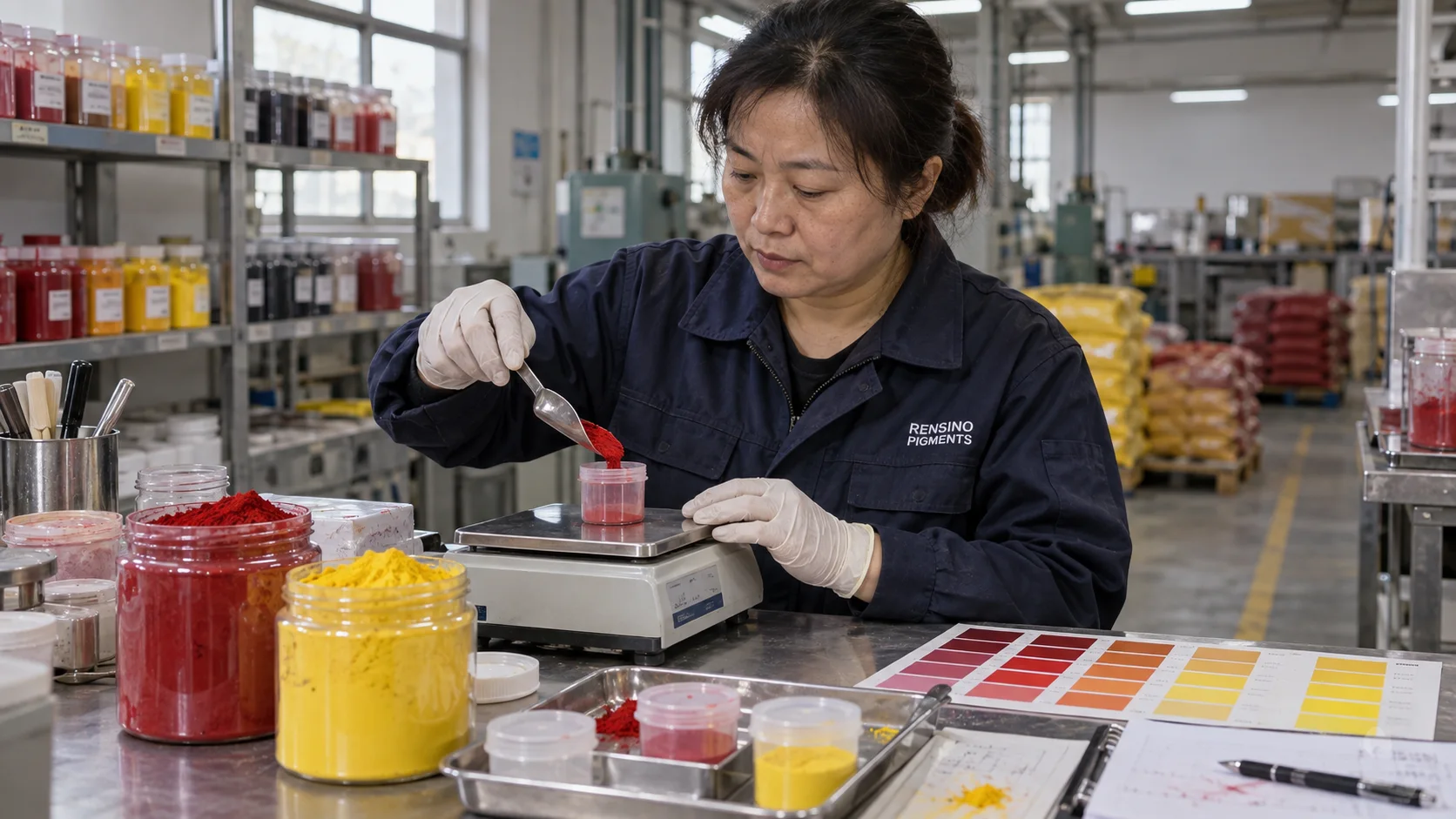 Rensino-uniformed technician measuring pigment samples