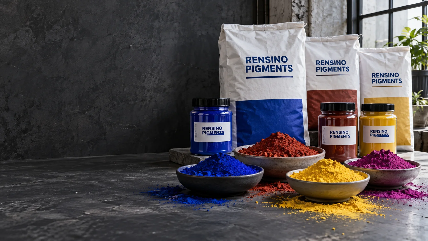 Rensino Pigments packaged pigment powders in vivid blue, red, yellow and magenta