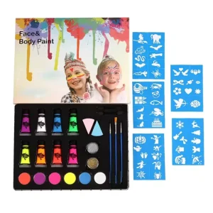 12-Color Non-Toxic Face Paint Kit with Stencils and Glitter