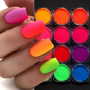 12 Colors Set Vibrant Fluorescent Chrome Nail Powder Nail Glitter Chrome Pigment Gradient Effect Ombre Rubbing Neon Dust