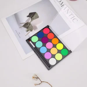 15 Color UV Fluorescent Neon Face Paint Palette Water Activated Blacklight Glow Body Paint with Built In Brush