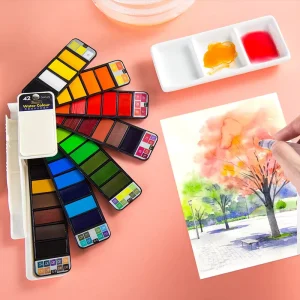 18/25/33/42-Color Pocket Travel Fan-Shaped Solid Watercolor Paint Set with Water Brush Pen