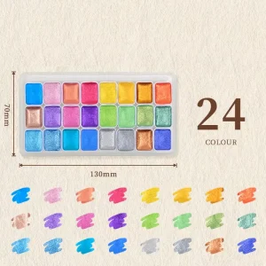 24-Color Pearlescent Solid Watercolor Paint Set with Metallic Shimmer Glitter Pigments
