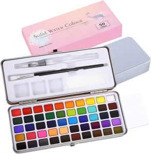 50-Color Solid Watercolor Set with Water Brush