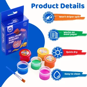 6 Color Non Toxic Water Based Anti Spill Paint Set for Preschool Kids Washable Semi Solid Pigment DIY Art Handprint Drawing Kit