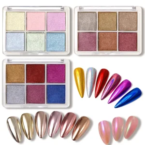 6 Grids Solid Colors Magic Mirror Holographics Laser Chrome Powder Nail Art Aurora Glitter UV Gel Polish Press on Nails Pigment