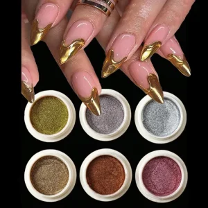 6 Pcs Elegant Mirror Chrome Effect Metallic Dust Holographic Glazed Manicure Decoration Reflective Gold Silver Glitters Powder