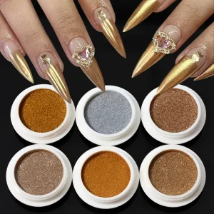 6jar Set Gold champagne Metallic Mirror Nail Glitter Holographic Silver Chrome Dust Powder DIY UV Gel Polish Magic Mirror Powder