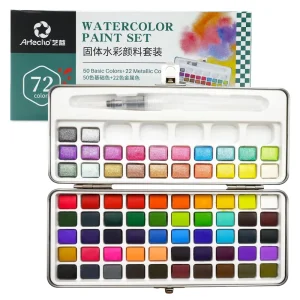 72 Color Solid Metallic Non Toxic Watercolor Paint Set for Paper Canvas Glass with Included Brush