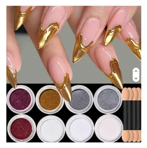 8Pcs Chrome Nail Powder Metallic Mirror Glitter Effect Holographic Metallic Chrome Powder for Nails Rose Gold Chrome Nail Powder