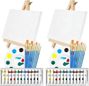 Acrylic Paint Canvas Set 48 Piece Professional Painting Supplies Kit with 2 Wood Easel 2 * 12Colors 2 * 10 Brushes 2 Palettes