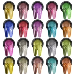 Mirror Chrome Nail Powder 24 Colors Metallic Aurora Pigment Set with Sponge Brush for UV Gel Polish Nail Art Decoration