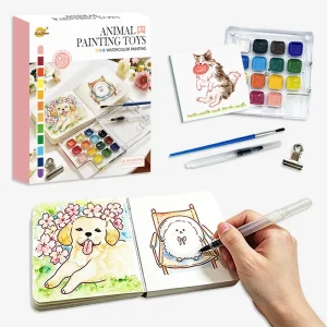 Animal Themed Mini Watercolor Painting Kit Kids Pocket Size Art Set with Palette, Sketchbook, and Brushes
