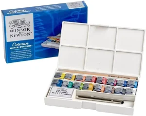 Art Winsor & Newton Cotman Watercolor Paint Set Complete Pocket Set with Paper 16 Half Pan Brush Eraser & Mixing Palette