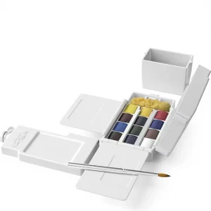 Art Winsor & Newton Cotman Watercolor Paint Set Field Pocket Set 12 Half Pan with Brush Sponge Bottle 2ml Capacity Paper