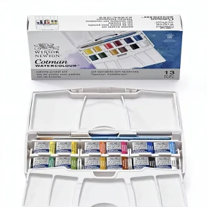 Art Winsor & Newton Cotman Watercolor Paint Set with Paper 12 Half Pans 10ml Capacity Palette Pocket Set Brush Included