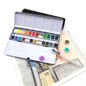 Artecho 24 Basic Color Solid Watercolor Set Foldable Tin Case Travelling Painting Set with a Brush for Canvas Paper Glass
