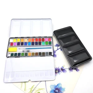 Artecho 36 Color Non Toxic Portable Tin Box Watercolor Set for Paper Canvas Glass with 2 Brushes and 1 Sponge