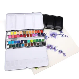 Artecho 48 Color Assorted Solid Watercolor Paint Set with One Brush Sturdy Metal Tin Box for Painting on Canvas Paper Glass