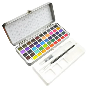 Artecho 50 Color Solid Watercolor Paint Set for Paper Canvas Glass Painting with Included Brush