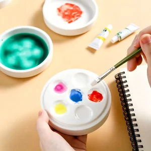 Ceramic Paint Palette, 4 Inch, Double-Sided, 6-Well Mixing Tray for Watercolor and Acrylic Painting