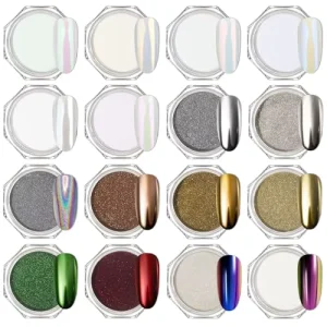Chrome Acrylic Nail Powder 16 Colors Iridescent Aurora Chameleon Metallic Mirror Effect Pearlescent Mermaid Pearl Glitter