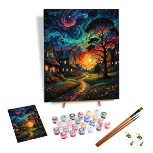 DIY Paint by Numbers Starry Night Village Canvas Kit for Beginner Stress Relief DIY Art Craft for Living Room Bedroom Wall Decor