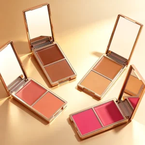 Dual-Texture Cream and Powder Blush Palette Portable with Built-In Mirror