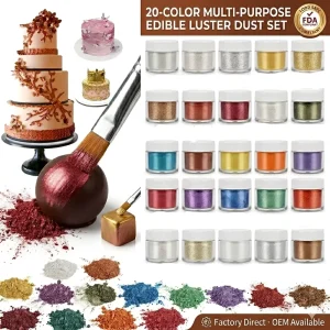 Food Grade Edible Luster Dust Set Metallic Pearl Powder for Cake Chocolate & Dessert Decoration 20 Colors FDA Compliant