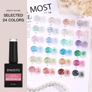 French Glitter Flake Gel Polish 24 Colors High Pigment Shell Sequin Non Toxic Eco Friendly Luxury Nail Polish