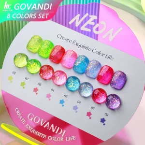 GOVANDI 8 Color High Pigment Glitter Neon Gel Polish Set Private Label Fluorescence Neon Gel Nail Polish Custom Logo