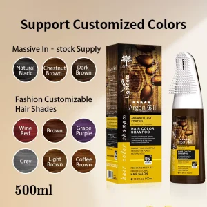 Herbal 500ml Brown Black Color 100% Cover Grey White Hair Long Lasting Argan Oil Hair Color Dye Shampoo with Comb