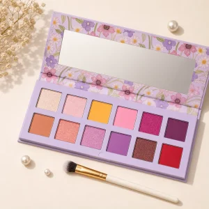 Highly Pigmented Luminous Metallic Powder Makeup Eyeshadow Palette with 12 Purple Yellow Colors Floral Cover for Cosmetic Salons