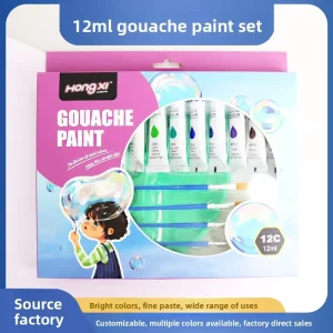 Hong Xi 36 Color Gouache Paint Set with Aluminum Plastic Pipe Palette and Brush 12ML for Kids School Use