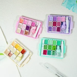 Mini Cute Macaroon Portable Plastic Tray 10 Color Watercolor Paint Set Pearlescent Pigment With Brush Bottle Water