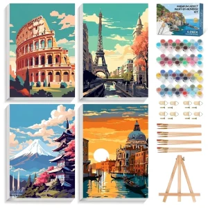 Modern Landscape 4pcs DIY Paint by Numbers Set with Eco-Friendly Acrylic Paint Wooden Brushes and Easel