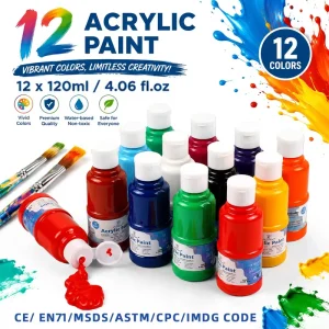 Panwenbo 120ml 250ml 500ml Professional Acrylic Paint Set 12 Colors Non Tox Washable High Coverage Premium Acrylic Paint