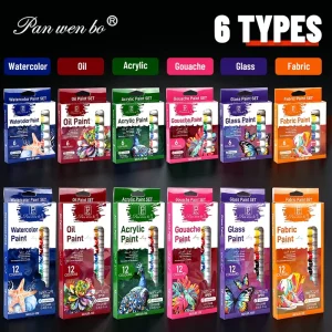 Panwenbo 6 12 Colors 12 ml Glass Paint Colors Set Nox toxic Water Based Fabric Paint Gouache Oil Watercolor Acrylic Paints