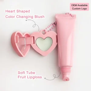 Pink Soft-Tube Airy Lip Gloss with Heart-Shaped Charm, Color-Changing Blush and Mirror