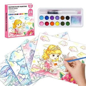 Princess Themed Watercolor Painting Book Kids Art Set with 24 Sheets, 12 Colors, and Water Brush Pen