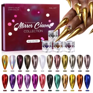 Professional High Gloss 24 Colors Mirror Chrome Nail Powder Set Aurora Holographic Metallic Nail Pigment Collection
