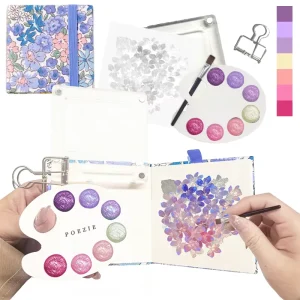 Purple Floral Pearlescent Watercolor Painting Kit with Pocket Sketchbook, 8 Pastel Shimmer Colors, and Built-In Clip