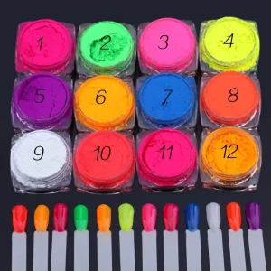 Set of 12 Jars Neon Fluorescent Phosphor Pigment Powder 3D Nail Glitter and Eye Powder