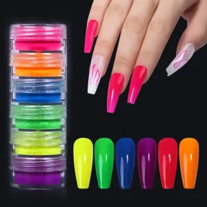 Set of 6 Fluorescent Neon Pigment Nail Powders UV Gel Nail Decorations Mirror Effect Acrylic Material