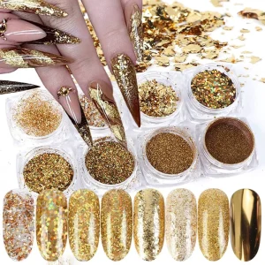 Set of 6 Laser Glitter Mermaid Chrome Mirror Effect Nail Art Powders with Shiny Sequins for Manicure